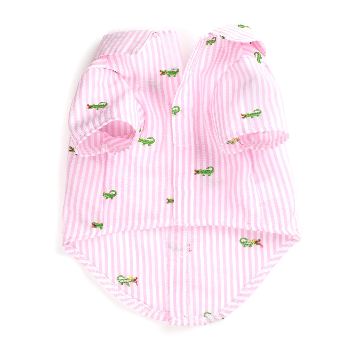 Pink Stripe Alligator Dog Shirt – Cotton, Pink/White, Sizes XS–XXL