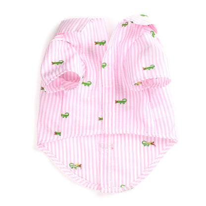 Pink Stripe Alligator Dog Shirt – Cotton, Pink/White, Sizes XS–XXL