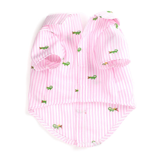 Pink Stripe Alligator Dog Shirt – Cotton, Pink/White, Sizes XS–XXL