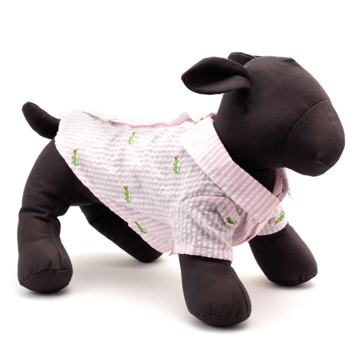 Pink Stripe Alligator Dog Shirt – Cotton, Pink/White, Sizes XS–XXL