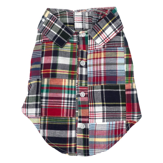Navy Patch Madras Dog Shirt – Cotton, Navy, Sizes XS–XXL