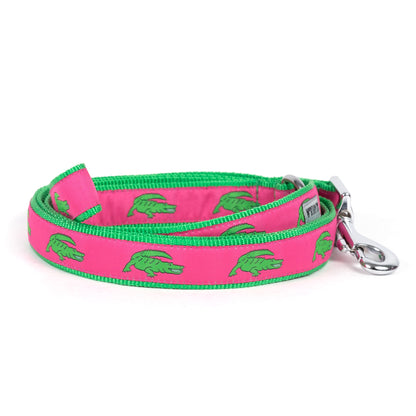 Alligator dog leash with green alligators on pink ribbon, green nylon backing and metal snap hook