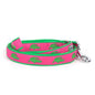 Alligator dog leash with green alligators on pink ribbon, green nylon backing and metal snap hook