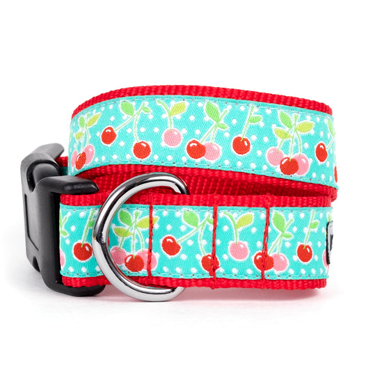 Cherries Dog Collar – Blue, Sizes XS–XL