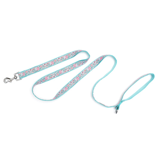 Pink flowers with green foliage on pale ribbon nylon dog leash, extended