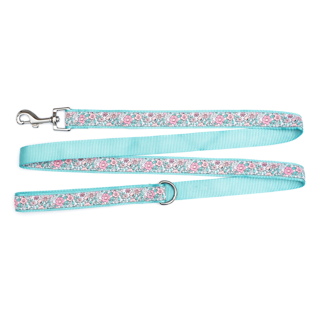 Pink flowers with green foliage on pale ribbon nylon dog leash, ribbon and backing detail