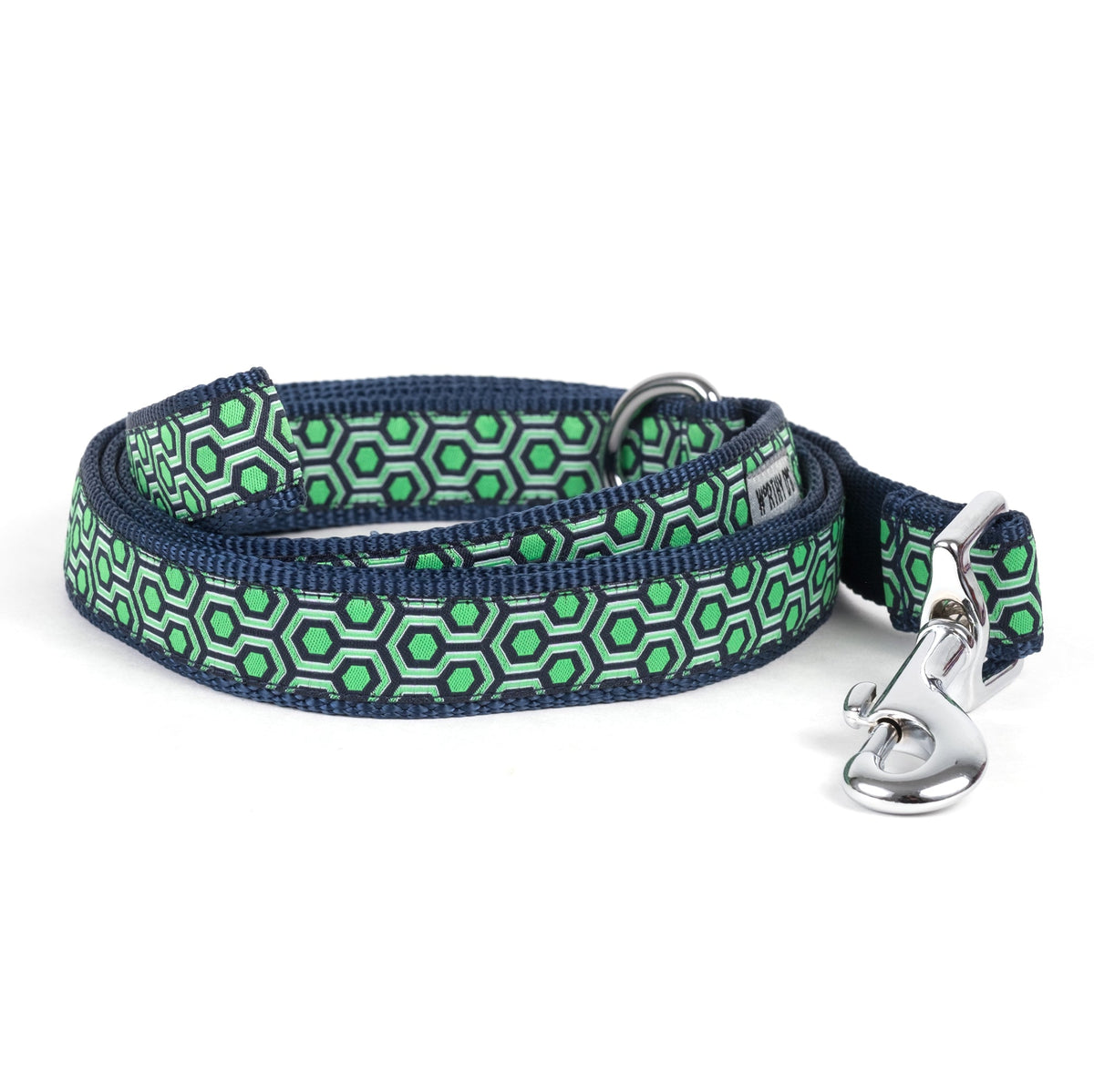 Blue Hexagon Nylon Dog Leash — coiled blue option