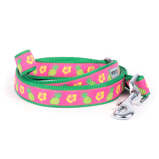 Yellow pineapples and flowers on pink ribbon nylon dog leash, coiled with green backing