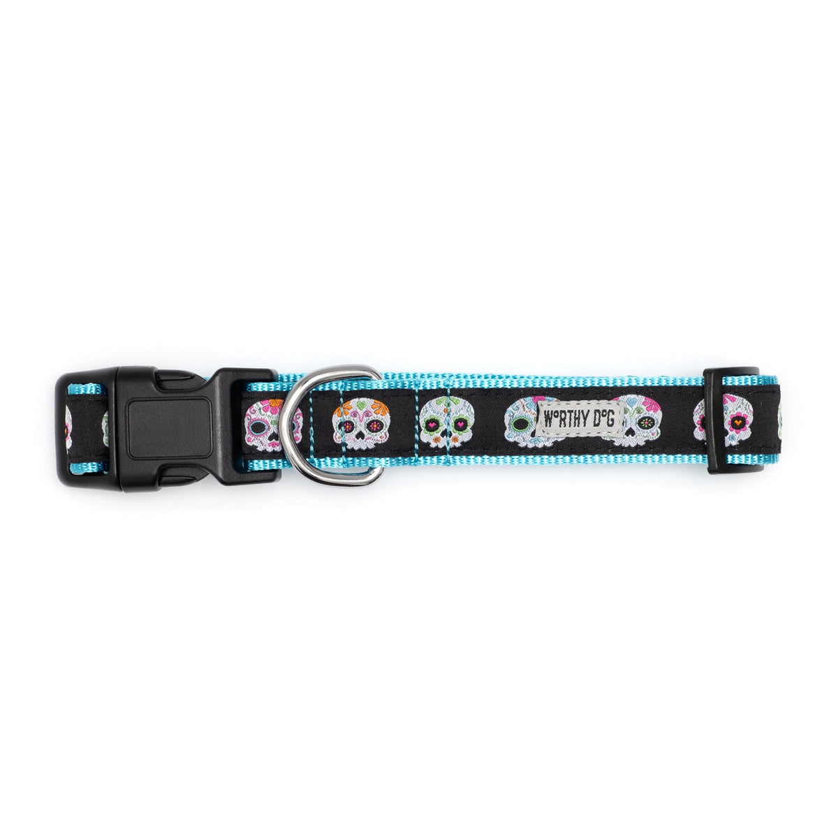 Decorated sugar-skull illustrations Halloween dog collar, Black colorway buckle detail