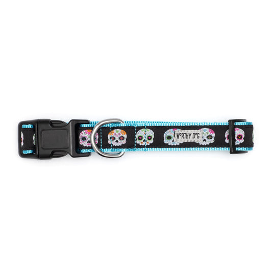 Decorated sugar-skull illustrations Halloween dog collar, Black colorway buckle detail