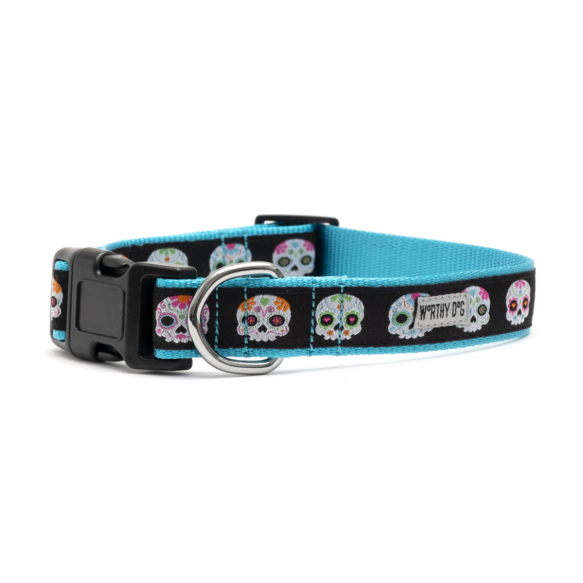 Decorated sugar-skull illustrations Halloween dog collar, Black colorway side view
