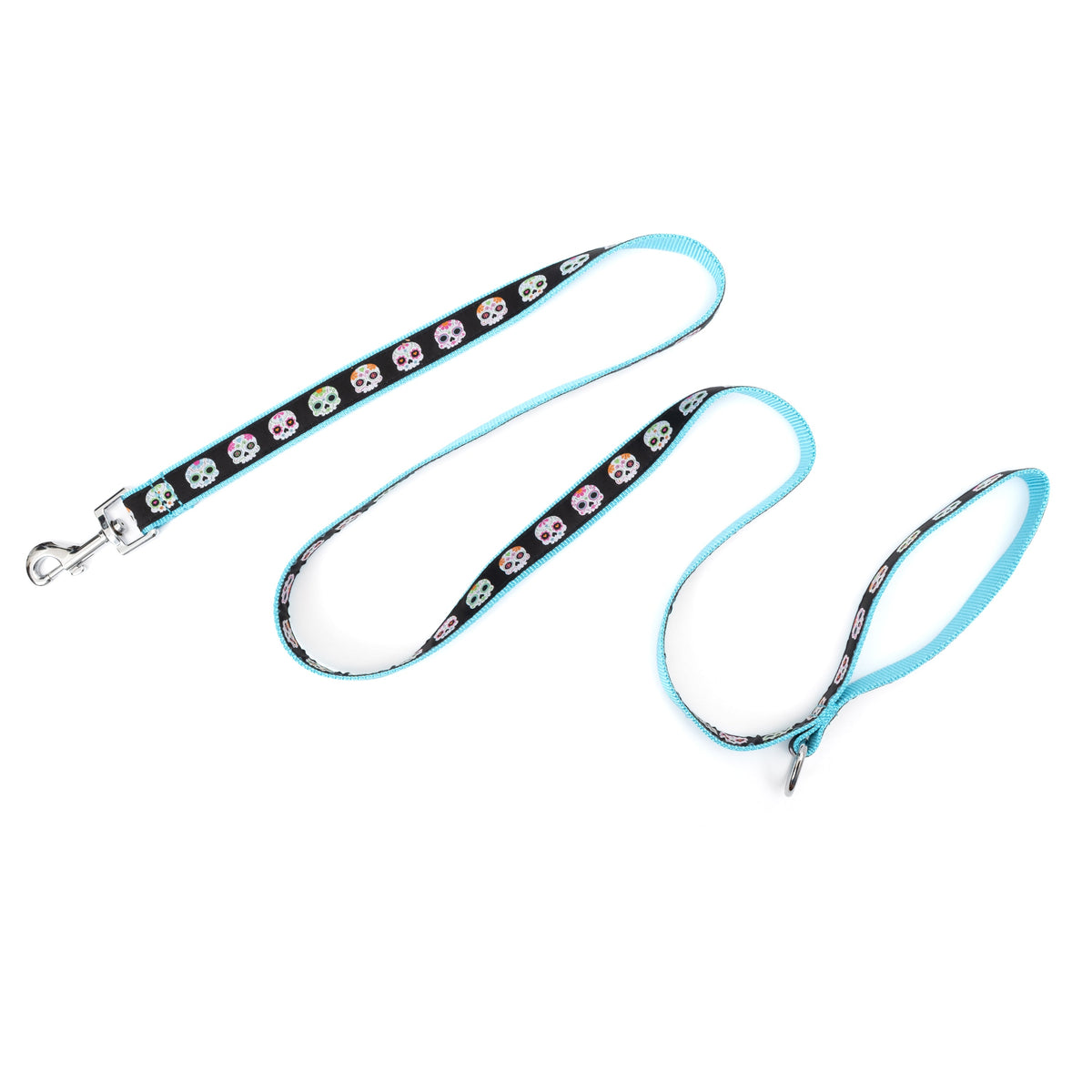 Decorated sugar-skull illustrations nylon dog leash, Black colorway extended