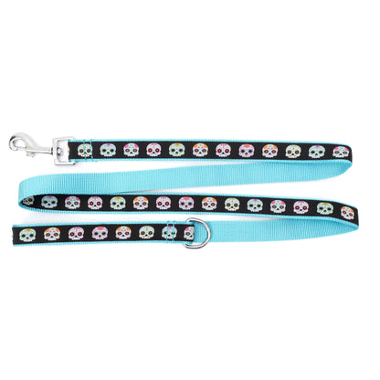 Decorated sugar-skull illustrations nylon dog leash, Black ribbon and teal backing detail