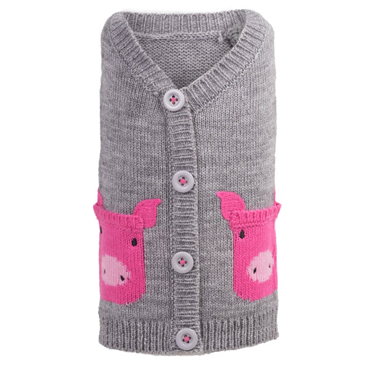 Pig Cardigan Dog Sweater – Acrylic, Gray, Sizes XS–XXL