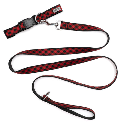 Red buffalo plaid leash displayed with matching collar; collar not included