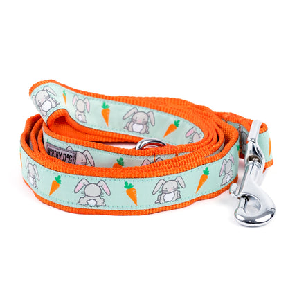 Mint green bunny and carrot ribbon leash with orange nylon backing