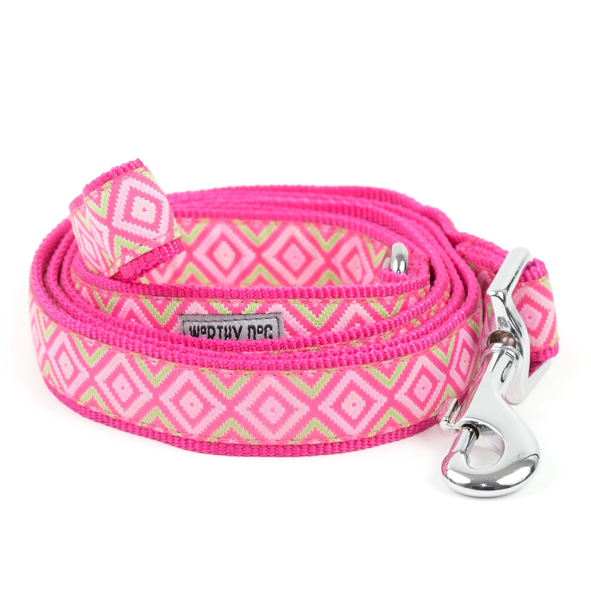 Repeating geometric diamond shapes nylon dog leash, Pink colorway, coiled