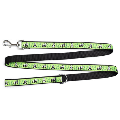 Pandas and bamboo illustrations on green ribbon nylon dog leash, ribbon and black backing detail