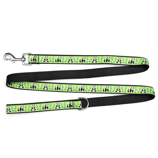 Pandas and bamboo illustrations on green ribbon nylon dog leash, ribbon and black backing detail