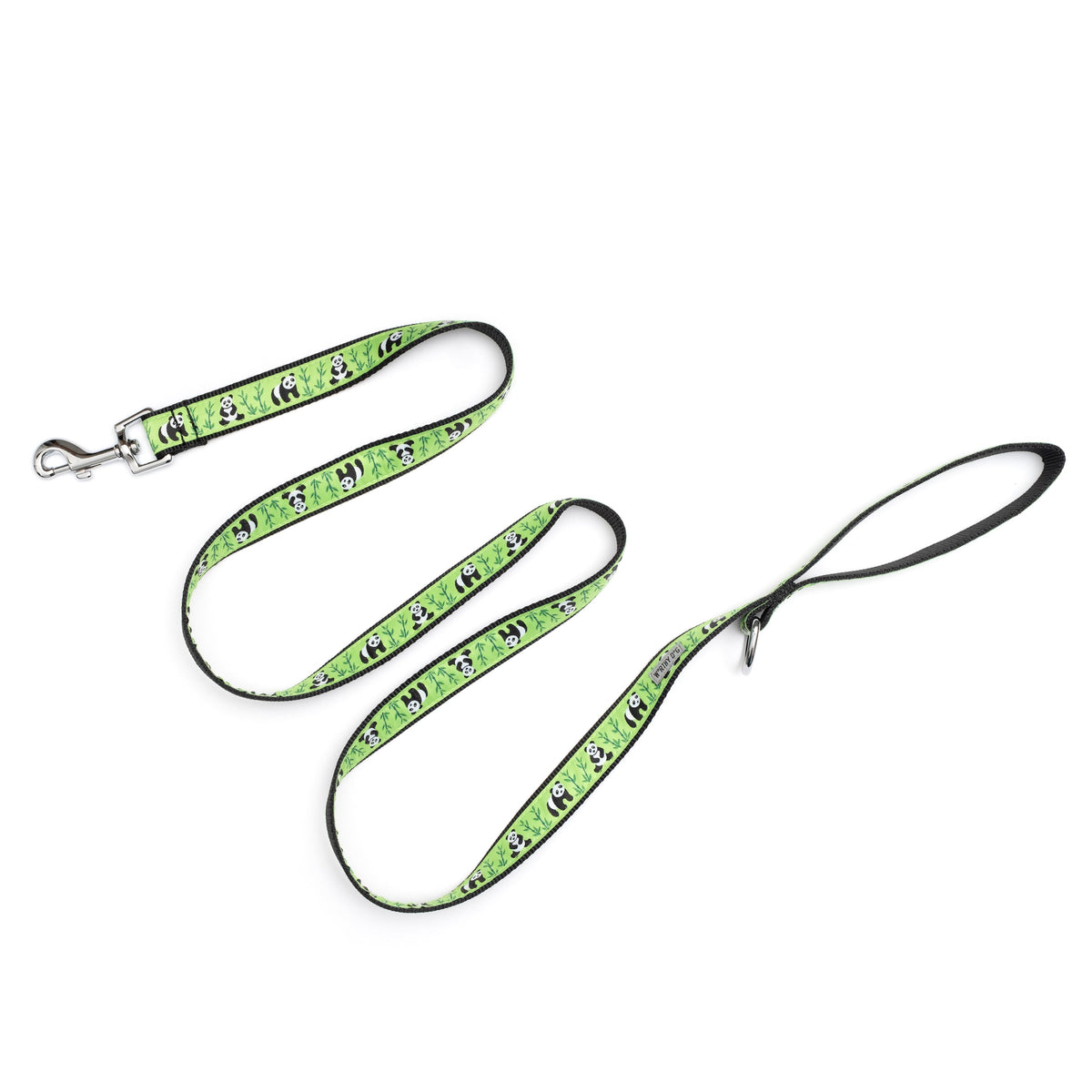 Pandas and bamboo illustrations on green ribbon nylon dog leash, extended