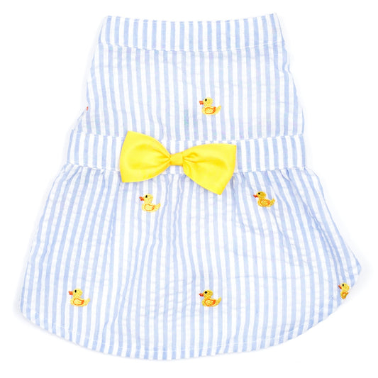 Lt. Blue Stripe Rubber Duck Dog Dress – Cotton, Light Blue/White, Sizes XS–XXL