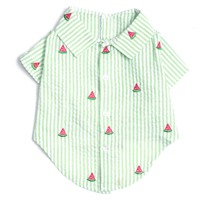 Green Stripe Watermelon Dog Shirt – Cotton, Green/White, Sizes XS–XXL