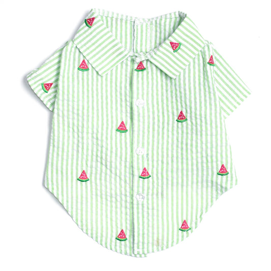 Green Stripe Watermelon Dog Shirt – Cotton, Green/White, Sizes XS–XXL