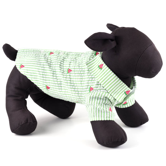 Green Stripe Watermelon Dog Shirt – Cotton, Green/White, Sizes XS–XXL
