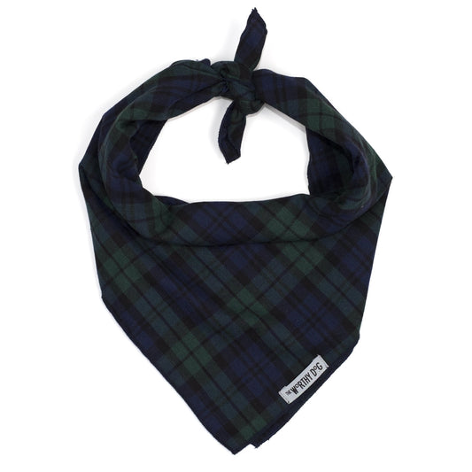 Black Watch Plaid Dog Bandana – Cotton, Black, Sizes S, L