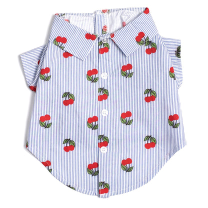 Cherries Dog Shirt – Cotton, Blue/White, Sizes XS–XXL