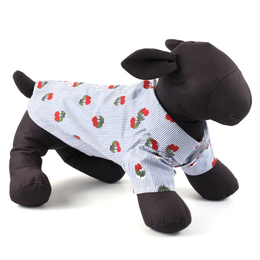 Cherries Dog Shirt – Cotton, Blue/White, Sizes XS–XXL