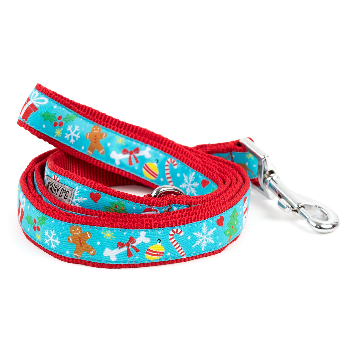 Blue Winter Wonderland Nylon Dog Leash — coiled leash