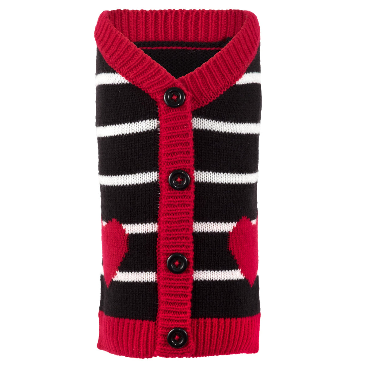 Hearts Cardigan Dog Sweater – Acrylic, Black, Sizes XXS–XXL