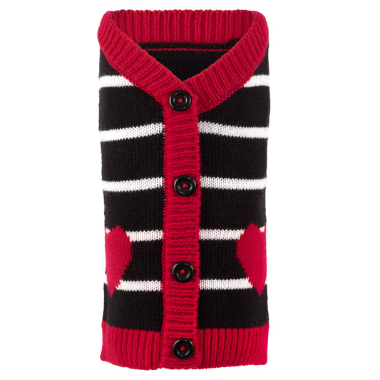 Hearts Cardigan Dog Sweater – Acrylic, Black, Sizes XXS–XXL