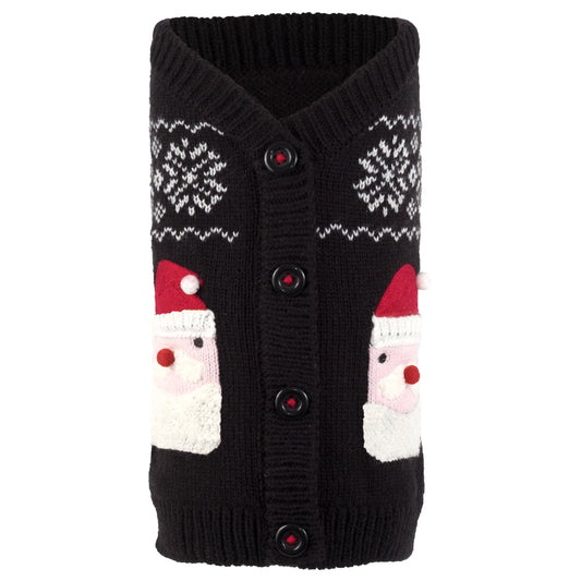 Santa Cardigan Dog Sweater – Acrylic, Black, Sizes XXS–XXL