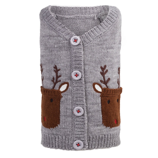 Reindeer Cardigan Dog Sweater – Acrylic, Gray, Sizes XXS–XXL