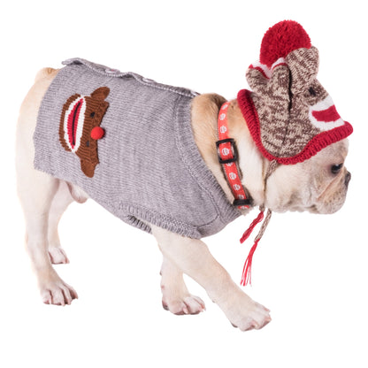 Sock Monkey Cardigan Dog Sweater – Acrylic, Gray, Sizes XXS–XXL