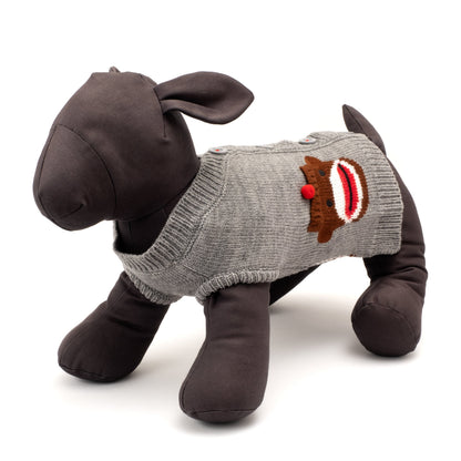 Sock Monkey Cardigan Dog Sweater – Acrylic, Gray, Sizes XXS–XXL
