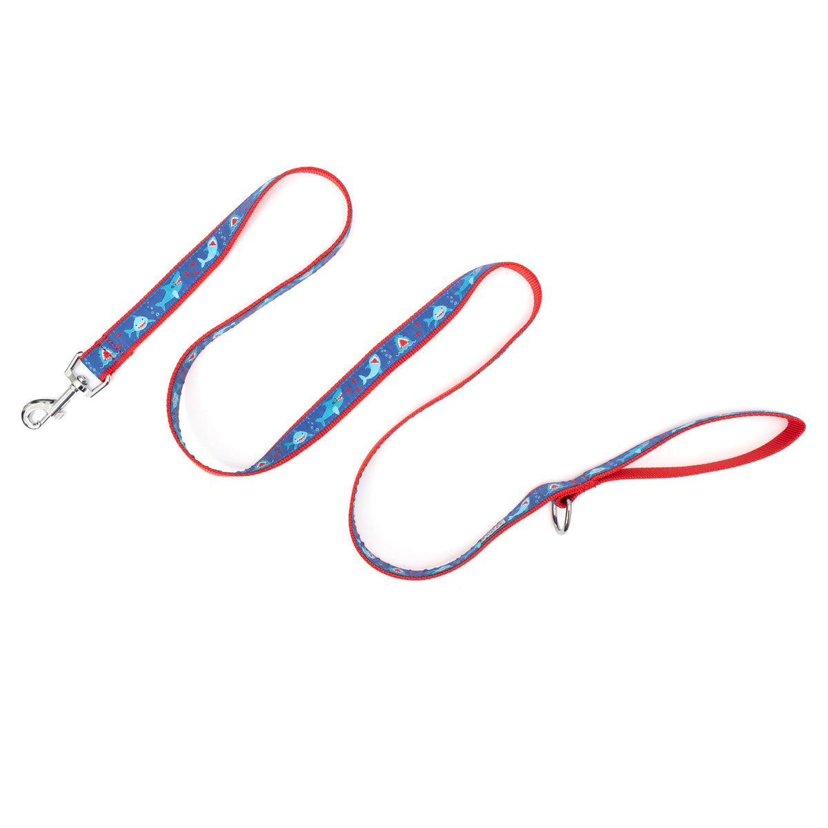 Sharks and open shark mouths on blue ribbon nylon dog leash, extended