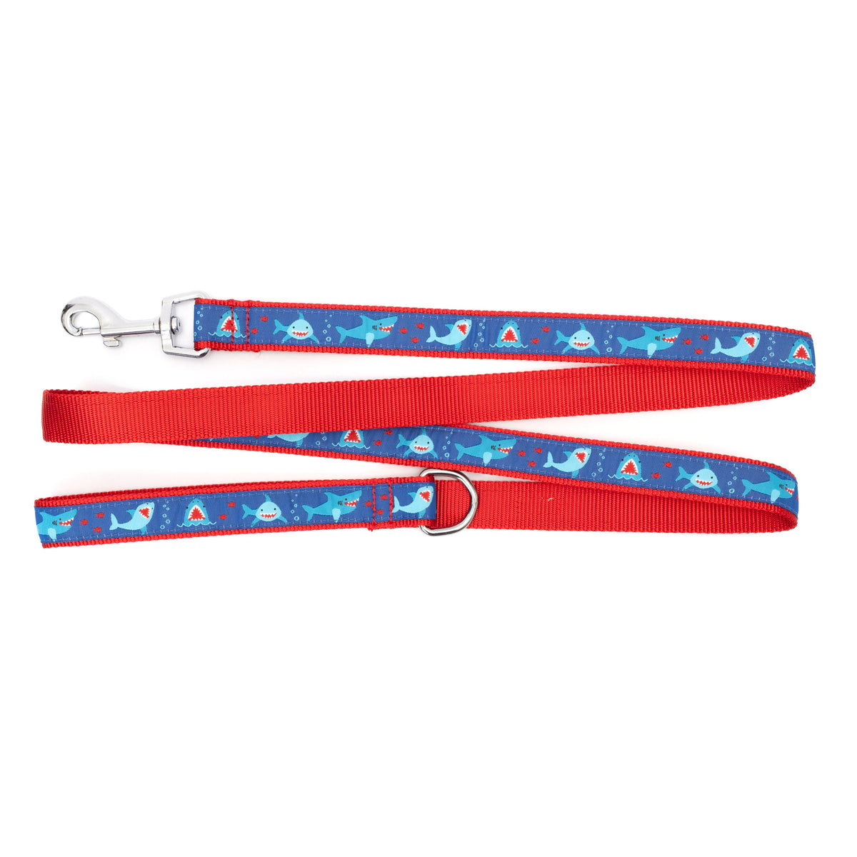 Sharks and open shark mouths on blue ribbon nylon dog leash, ribbon and backing detail