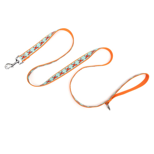 Red crabs on a teal patterned background nylon dog leash, extended