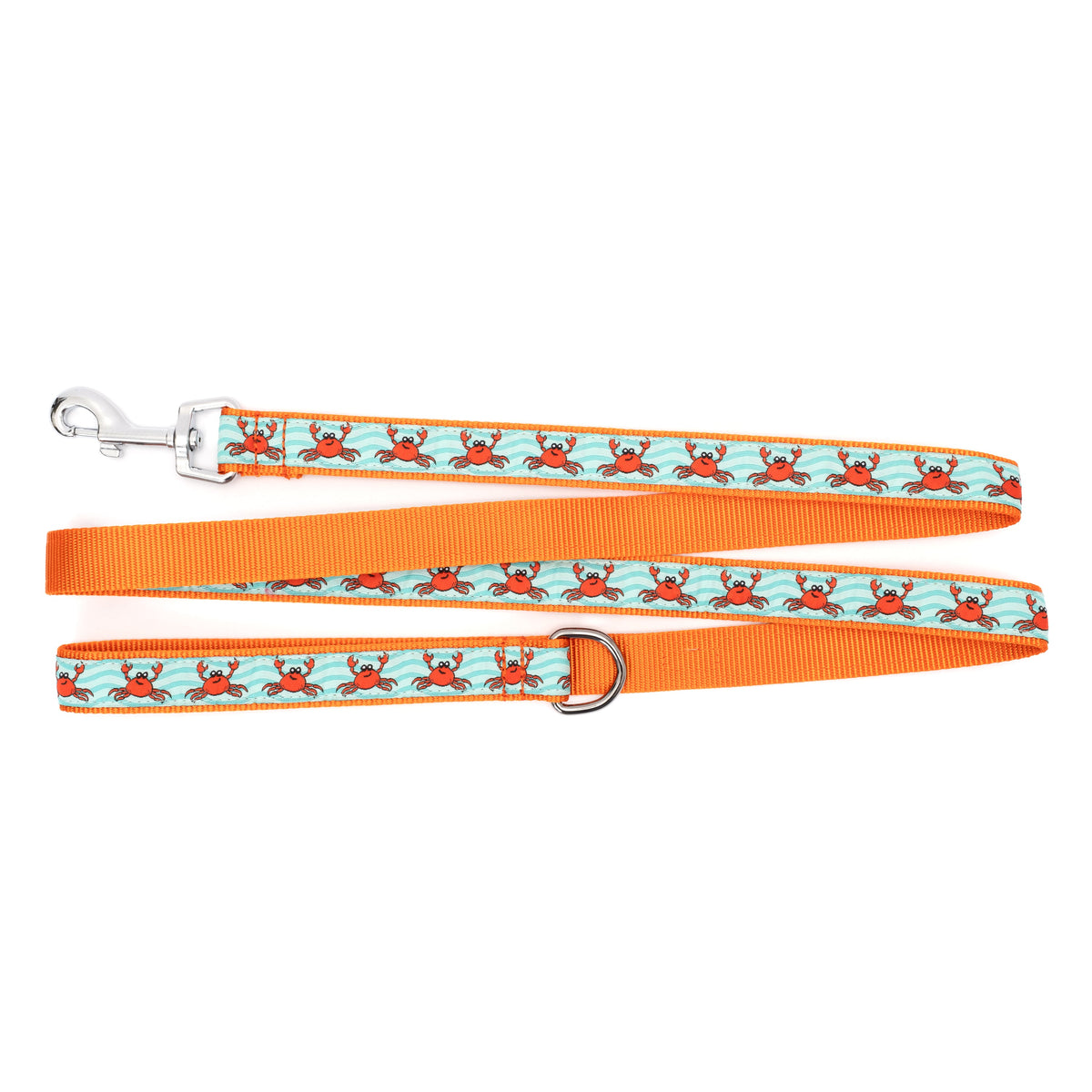 Red crabs on a teal patterned background nylon dog leash, ribbon and backing detail
