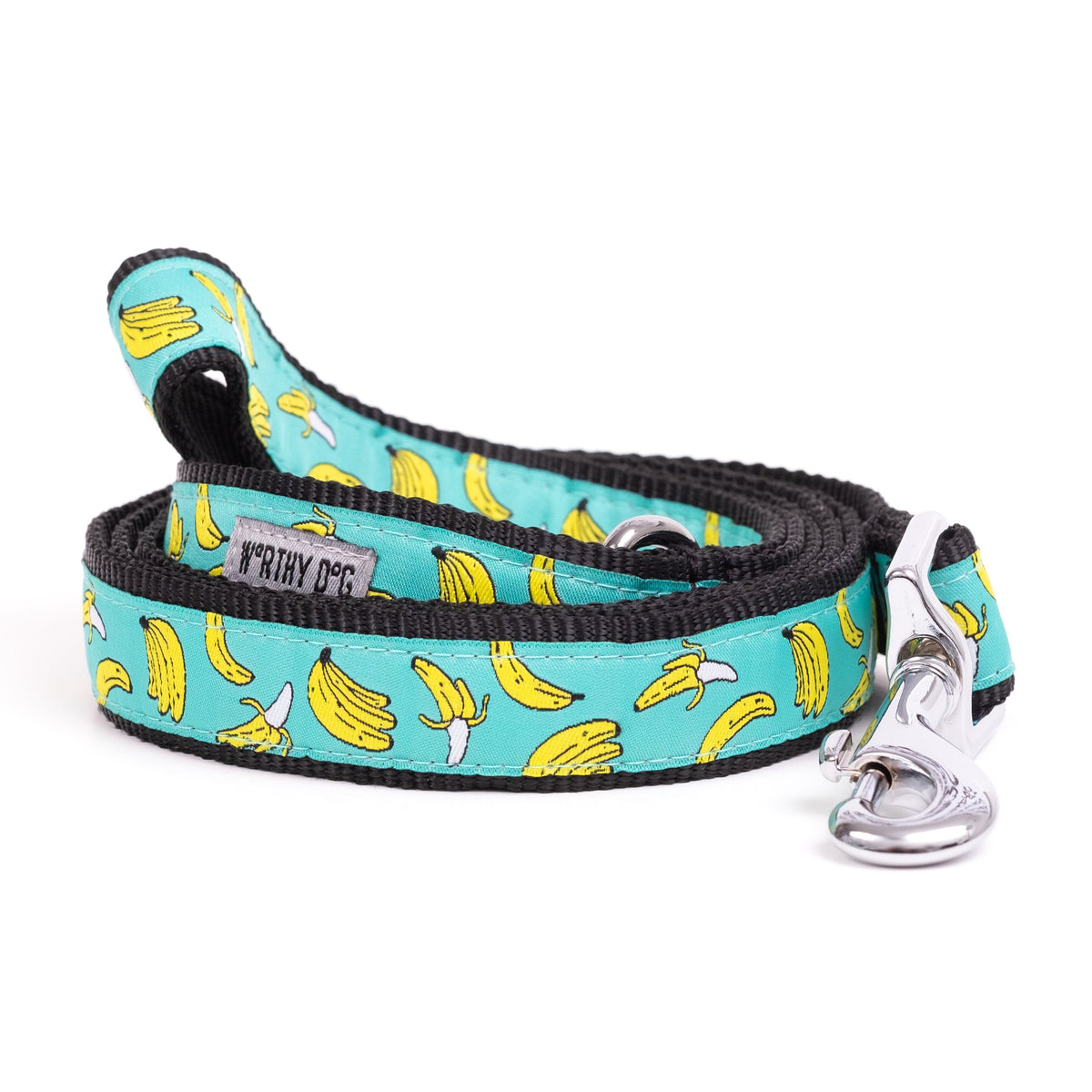 Banana illustrations on teal ribbon nylon dog leash, coiled