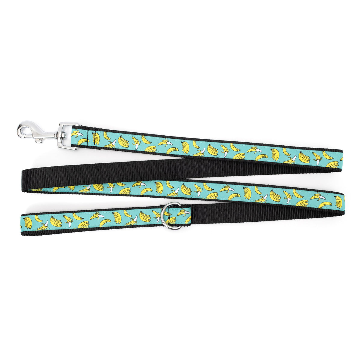 Banana illustrations on teal ribbon nylon dog leash, ribbon and backing detail