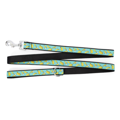 Banana illustrations on teal ribbon nylon dog leash, ribbon and backing detail