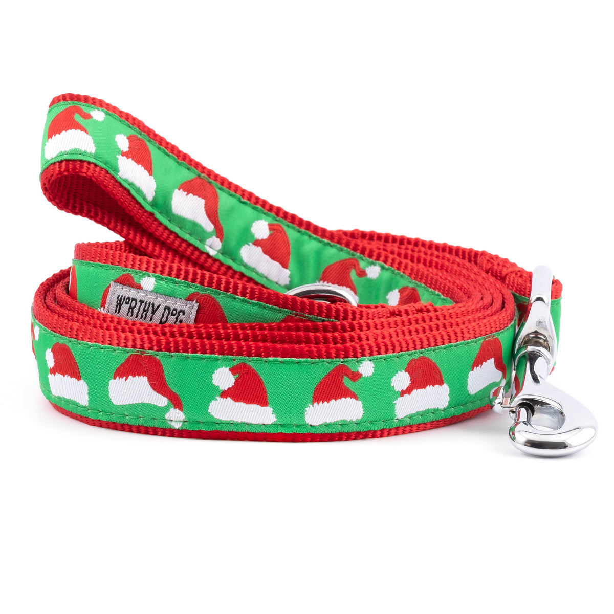 Green Santa Hats Nylon Dog Leash — coiled leash