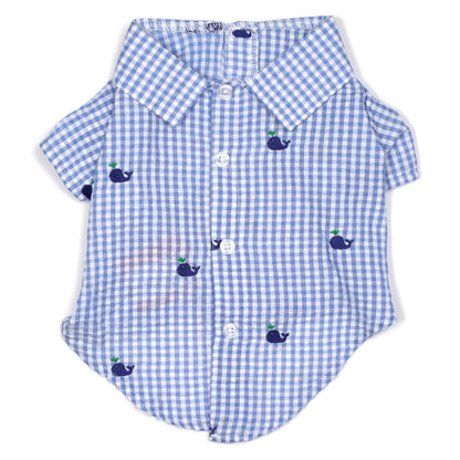Gingham Whales Dog Shirt – Cotton, Blue, Sizes XS–XXL
