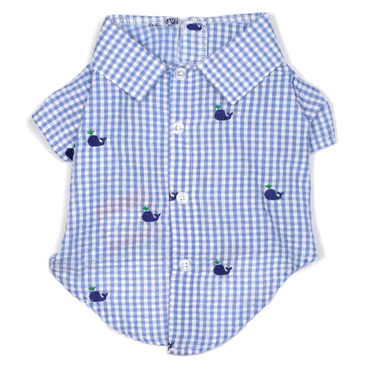 Gingham Whales Dog Shirt – Cotton, Blue, Sizes XS–XXL