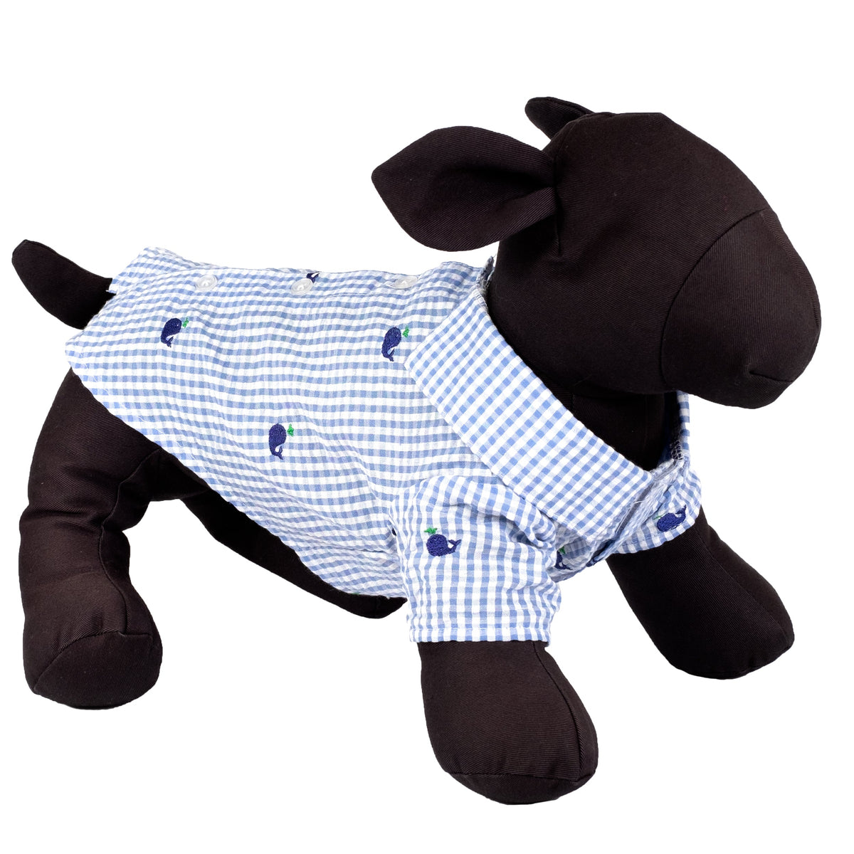 Gingham Whales Dog Shirt – Cotton, Blue, Sizes XS–XXL