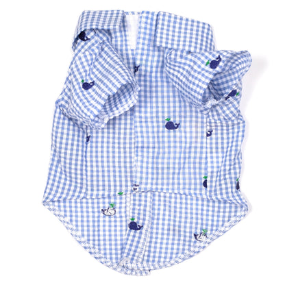 Gingham Whales Dog Shirt – Cotton, Blue, Sizes XS–XXL